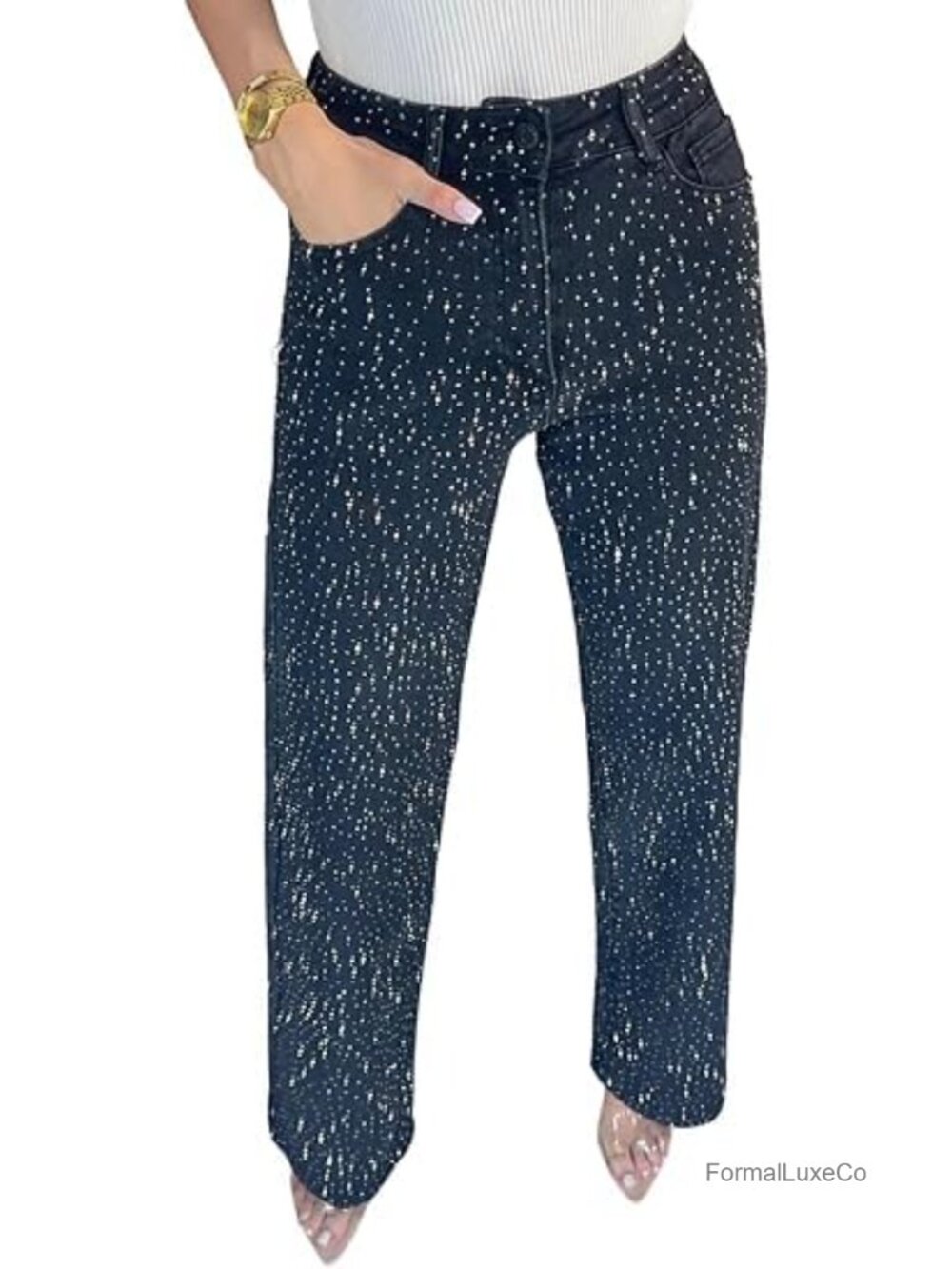 Womens Baggy Camo Rhinestone Wide Leg Jeans Sparkly Military Pants